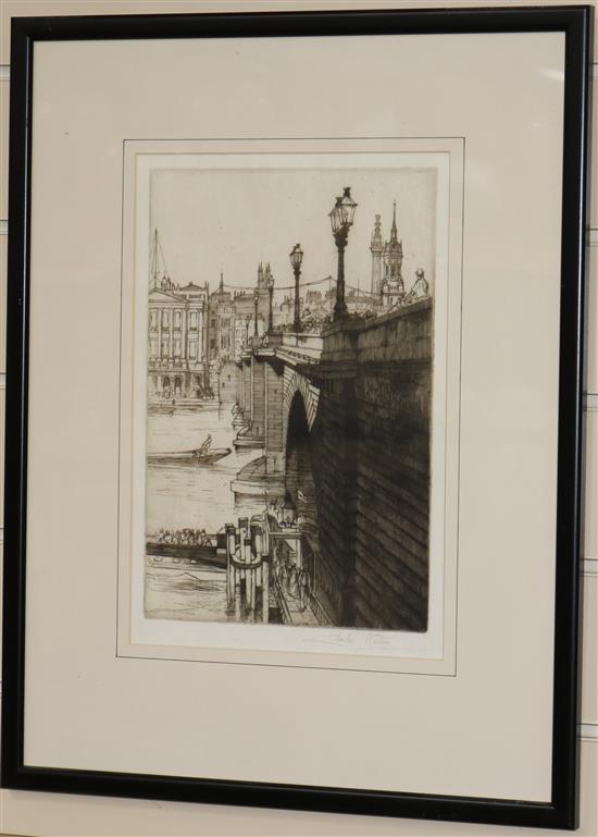Charles Watson, 2 etchings, London Bridge and a street scene, largest 28 x 19cm and a Nathaniel Sparks etching
